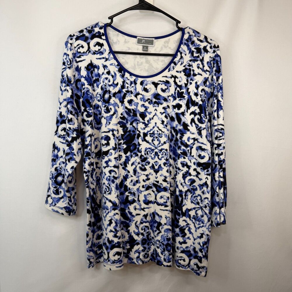 Size XL JM Collection Abstract Print 3/4 Sleeve Scoop Neck Top Blue White Black